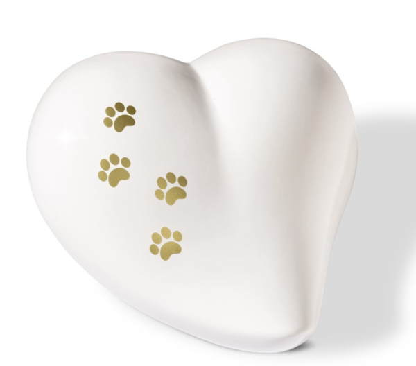 Tierurne Herzform mit Goldpfötchen Weiß